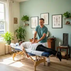Chiropractor adjusting a patient's spine in a calming clinic environment