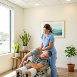 Chiropractor adjusting a patient's spine in a calming clinic environment, highlighting spinal health and wellness
