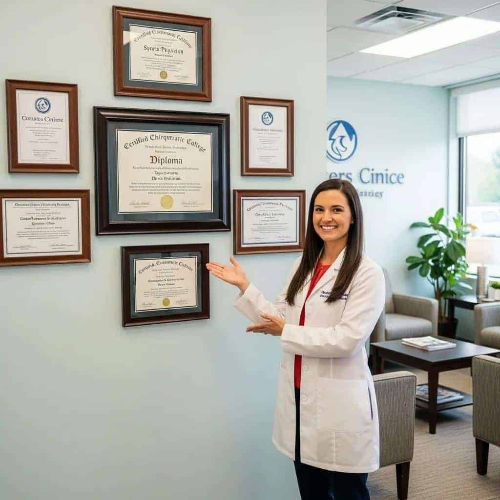 Chiropractor displaying diploma and certifications in a welcoming clinic