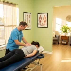 Chiropractor performing a spinal adjustment in a calming clinic environment