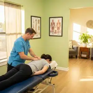 Chiropractor performing a spinal adjustment in a calming clinic environment