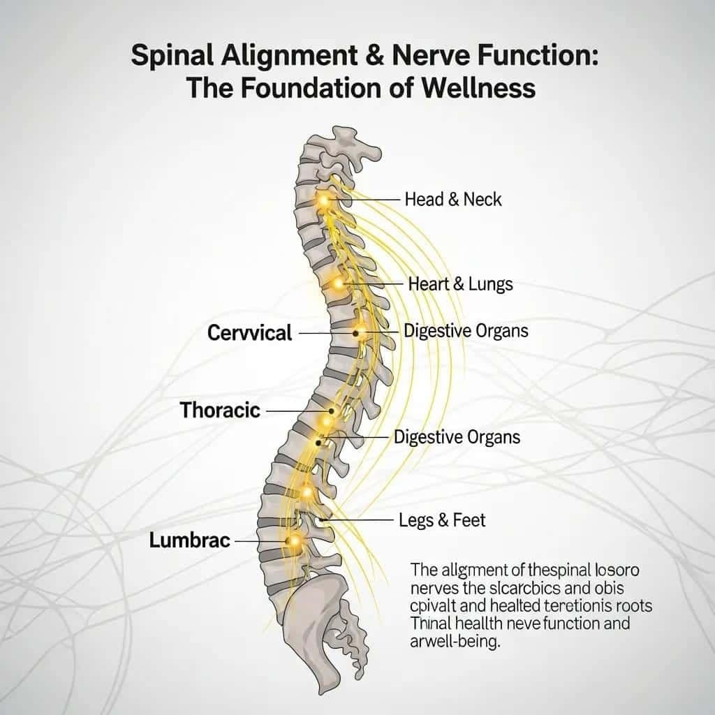 Diagram of a spine with highlighted nerve pathways, showing how alignment can affect nerve flow