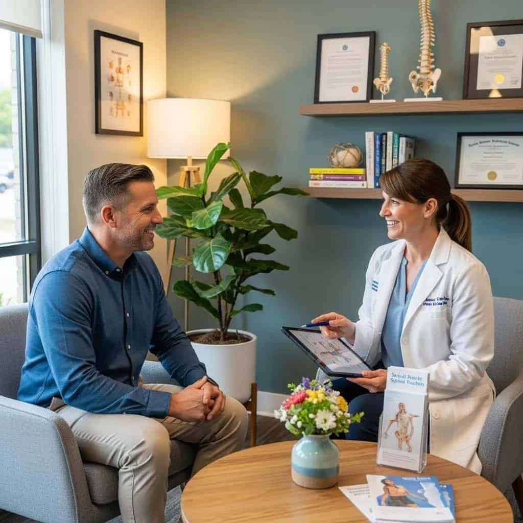 Patient consulting with chiropractor in a welcoming office setting