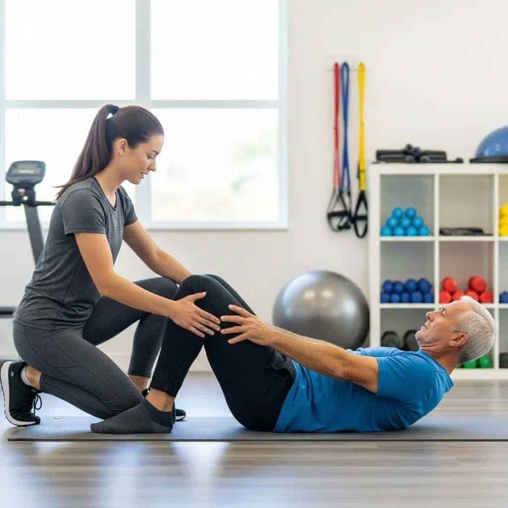 Physical therapist guiding a patient through core strengthening exercises for back pain relief